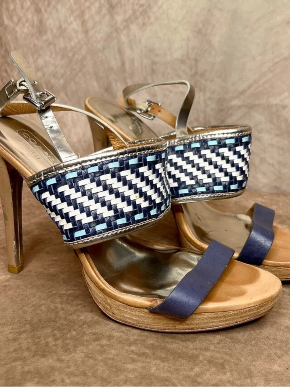 Coach Steffi Woven Slingback Heels in Silver and Metallic Navy